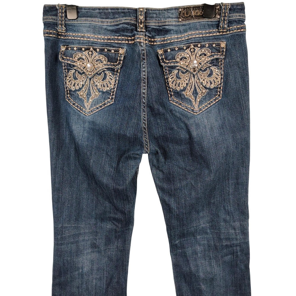 LA Idol Womens SZ 19 Bootcut Jeans Blue Rhinestone Fleur De Lis Y2K McBling